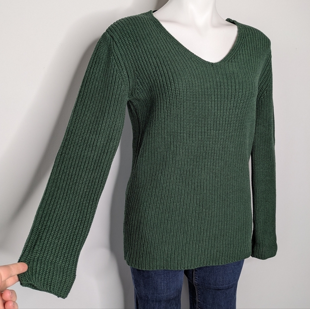 Pact Organic Green Heavy Knit V Neck Tie Back Long Sleeve Cotton Sweater XS - Picture 3 of 8